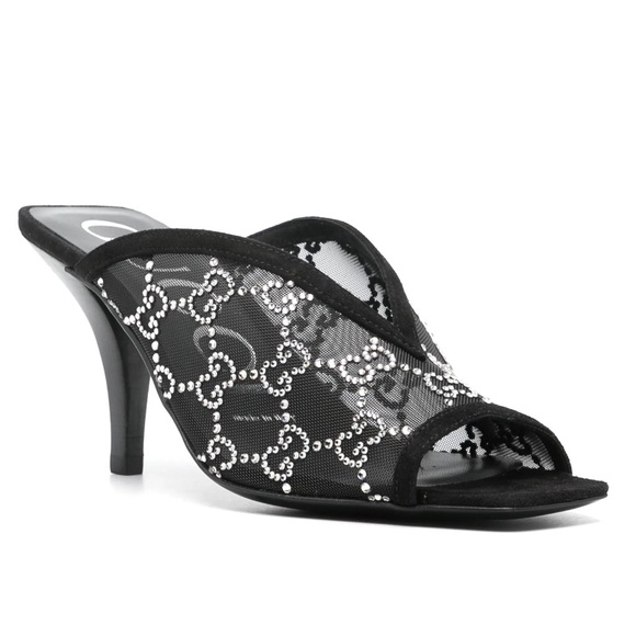 Gucci Elegant Black Mesh Rhinestone Crystal Logo Heeled Mules Size 39 IT / US 9 - Picture 1 of 14
